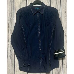 Roar Signature Series Shirt Embroidered Blue Long Sleeve Tribal Geometric Mens L